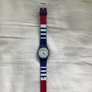 Swatch Red, White, and Blue Striped Watch